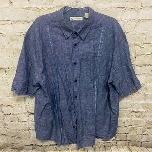 Havanera Blue Denim Chambray Look Linen Blend Embroidered Button Up